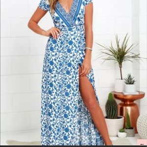 Ivory and Blue Floral Print Wrap Maxi